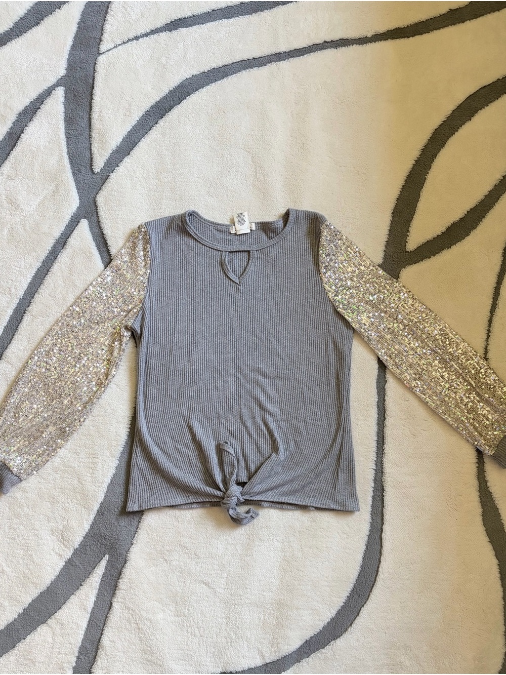 Tea Please Ribbed Top with Sequin Puff Sleeves and Front Knot